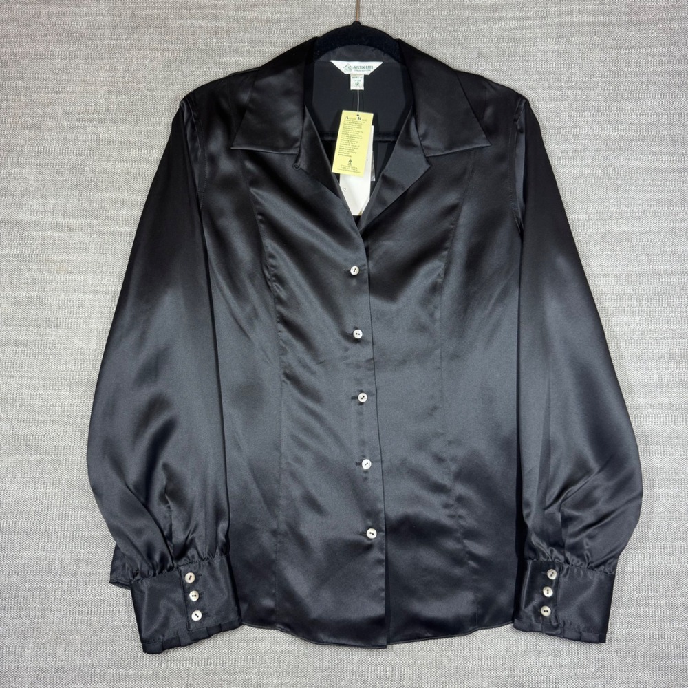 Austin Reed Black 100% Silk Satin Button Up Blouse Long Sleeve 12 Luxury NWT